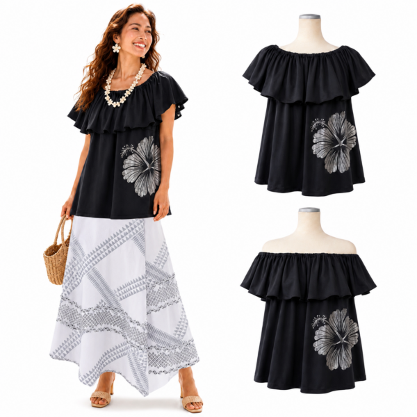 フリル2Wayトップス-ハイビスカス（クロ）